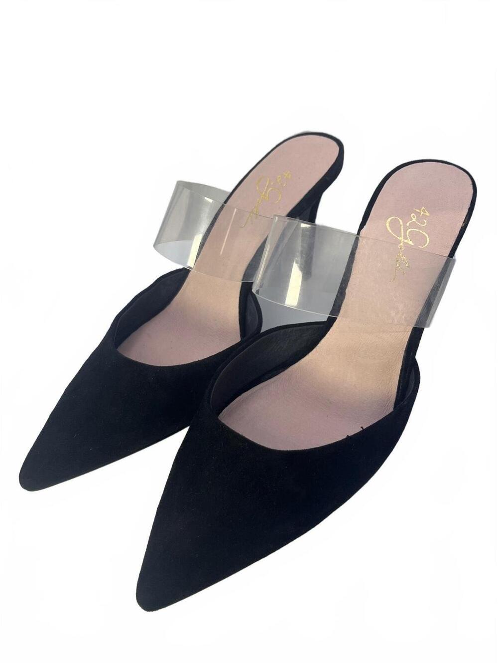 Ronnie Pointed Toe Mule Heels by 42 Gold Black with Clear Strap Size 9.5 NWOT